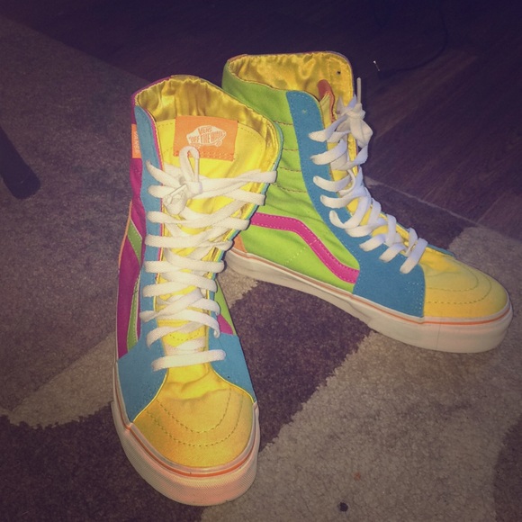 blue and yellow high top vans